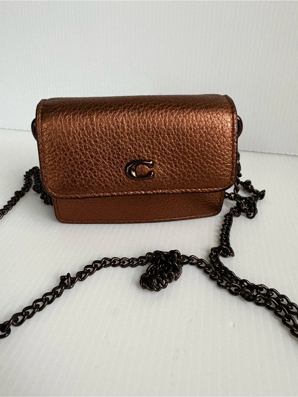 Coach Half Flap card Case Crossbody Bag Pewter Metallic Bronze Chain Strap NWOT